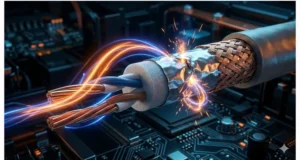 Conceptual illustration showing 10Gb automotive Ethernet signal leakage through a damaged cable shield layer.