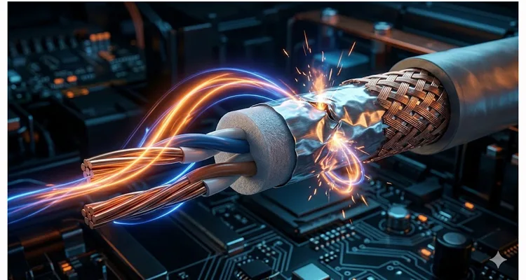 Conceptual illustration showing 10Gb automotive Ethernet signal leakage through a damaged cable shield layer.