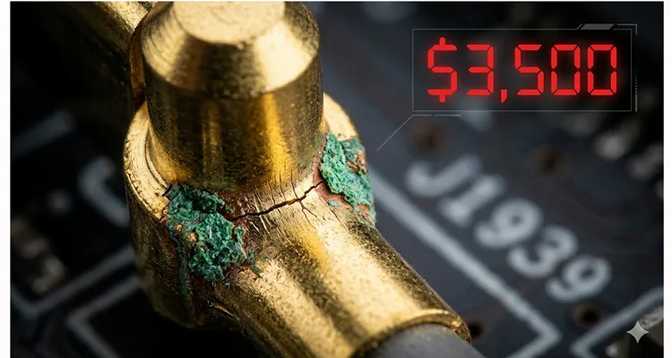 A close-up of a corroded and cracked Deutsch HD10-9-1939 9-pin connector pin, symbolizing a $3,500 diagnostic mistake in heavy-duty truck repair.