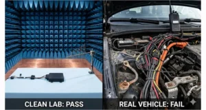 Split view comparison: idealized EMC lab test setup per ISO 11452-2 on the left vs. the chaotic harness, grounding, and EMI sources in a real vehicle on the right, explaining why tests pass but vehicles fail.