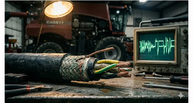 J1939 cable cross-section showing corroded braided shield, snapped solid drain wire, and cracked TPU jacket after field failure in agricultural combine