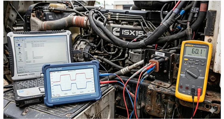 J1939 network calibration diagnostic setup: oscilloscope showing CAN bus waveform with Deutsch 9-pin connector
