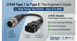J1939 Type 1 to Type 2 adapter cable with 6-pin Deutsch and 9-pin Deutsch connectors side by side, showing physical difference