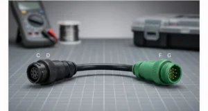 J1939 Type 1 to Type 2 adapter connecting black and green 9-pin Deutsch connectors on workbench