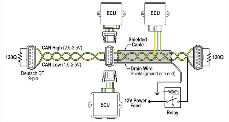 J1939 wiring diagram showing CAN High (yellow), CAN Low (green), 120Ω termination resistors, and ECU power circuits with Deutsch connectors