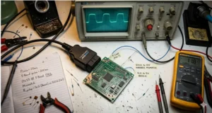 KWP2000 diagnostic cable with 16-pin OBD2 connector connected to an ECU prototype, with an analog oscilloscope showing a distorted K-Line signal waveform in the background.