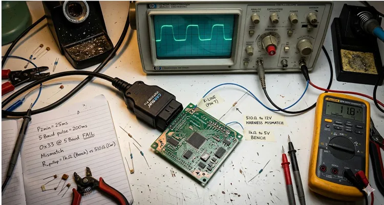 KWP2000 diagnostic cable with 16-pin OBD2 connector connected to an ECU prototype, with an analog oscilloscope showing a distorted K-Line signal waveform in the background.