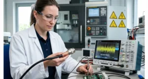 OEM engineer inspecting an EMI-hardened diagnostic cable with braided shield and 360-degree termination for industrial equipment.