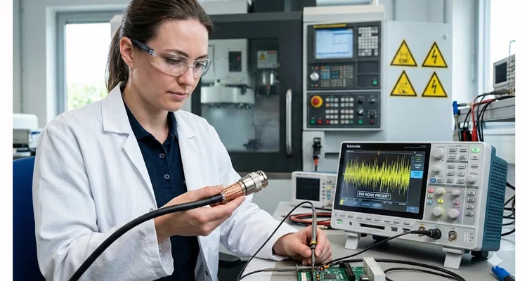 OEM engineer inspecting an EMI-hardened diagnostic cable with braided shield and 360-degree termination for industrial equipment.