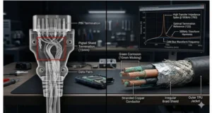 Forensic teardown X-ray and cross-section of a failed shielded OBD2 cable, showing a 15mm pigtail termination and 10mm internal corrosion from a port environment.