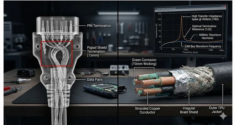 Forensic teardown X-ray and cross-section of a failed shielded OBD2 cable, showing a 15mm pigtail termination and 10mm internal corrosion from a port environment.