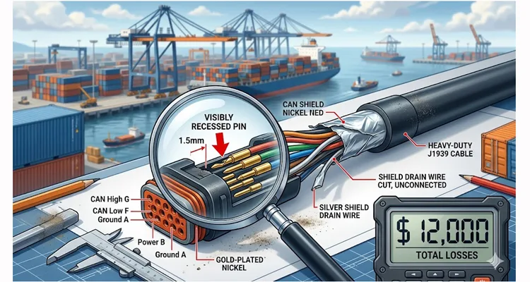 Faulty 9-pin diagnostic cable from a port terminal showing pin recession and an un-terminated shield drain wire, which caused $12,000 in hidden downtime costs.