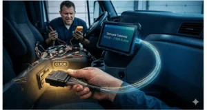 Technician reseating loose RP1226 14-pin connector to restore Freightliner Cascadia telematics data