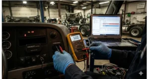 Mechanic using a digital multimeter to perform a CAN bus physical layer test on a Freightliner Cascadia OBD port, displaying 60 ohms resistance.