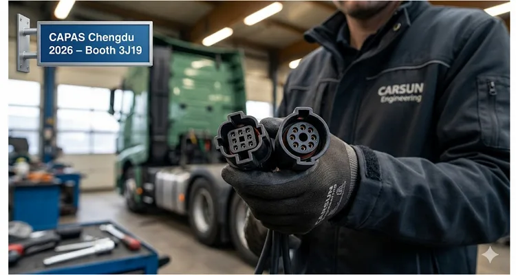 J1939-09 and J1939-13 Deutsch diagnostic connectors side by side at CARSUN Booth 3J19, CAPAS Chengdu 2026 exhibition