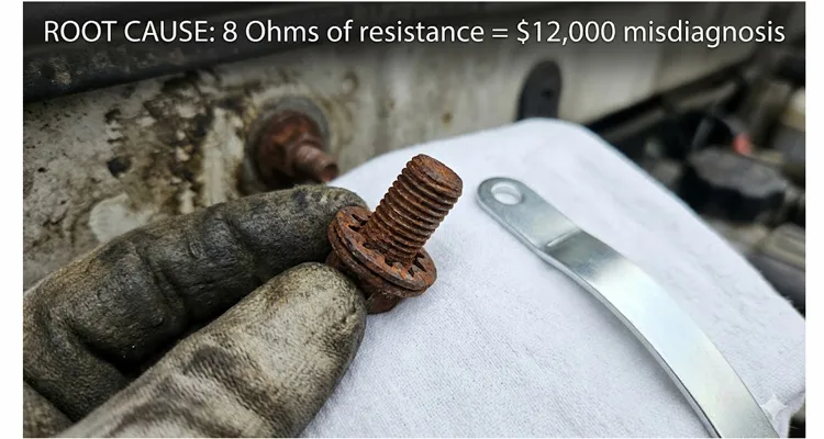 Corroded zinc-plated bolt and star washer causing 8 ohm ground resistance and J1939 communication fault in Kenworth T680 engine bay