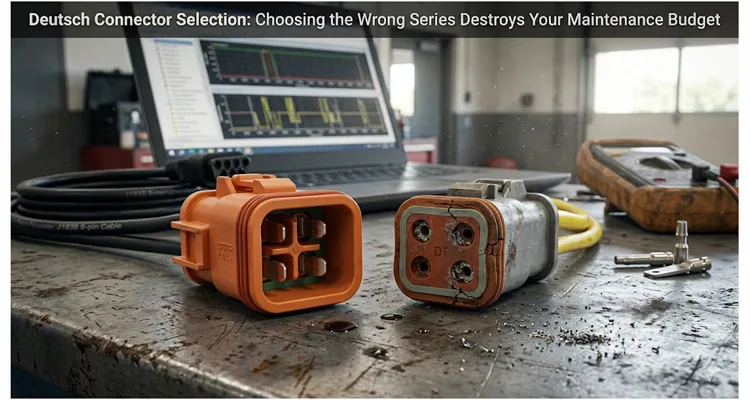 Deutsch DT and DTP connector comparison on fleet maintenance workbench showing seal degradation and corrosion risk