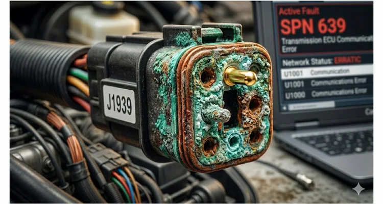 Corroded pin 3 on Deutsch DT connector causing J1939 voltage drop