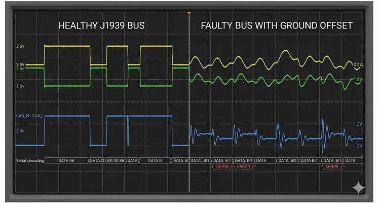 Healthy versus faulty J1939 CAN bus waveform comparison showing 60 Hz alternator ripple ground offset causing differential amplitude collapse