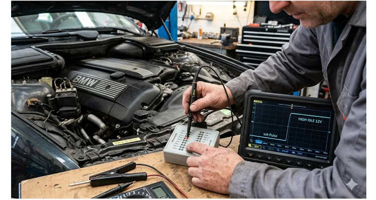 ISO 9141-2 K-Line 5-baud handshake oscilloscope waveform and OBD connector pin 7