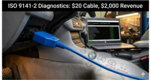 ISO 9141-2 K-Line diagnostic cable plugged into BMW E46 OBD2 port showing successful ECU communication for European and Asian vehicle repair revenue
