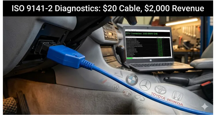 ISO 9141-2 K-Line diagnostic cable plugged into BMW E46 OBD2 port showing successful ECU communication for European and Asian vehicle repair revenue