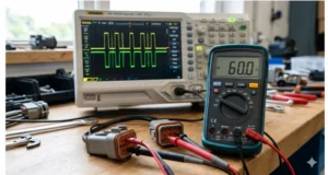 J1939 physical layer troubleshooting: multimeter showing 60 ohms on Deutsch 9-pin connector and oscilloscope displaying CAN bus waveform