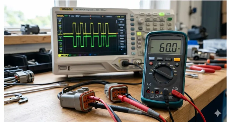 J1939 physical layer troubleshooting: multimeter showing 60 ohms on Deutsch 9-pin connector and oscilloscope displaying CAN bus waveform