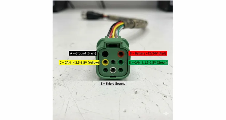 J1939 9-pin Deutsch connector pinout diagram showing pin C (CAN_H), pin D (CAN_L), pin A (ground), and pin B (battery power)