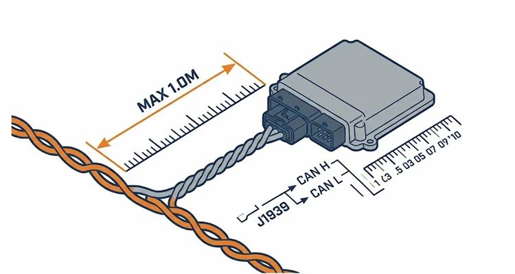 J1939 backbone topology diagram showing single trunk bus, ECU stubs under one meter, and two 120 ohm terminating resistors at physical ends yielding 60 ohms at diagnostic connector