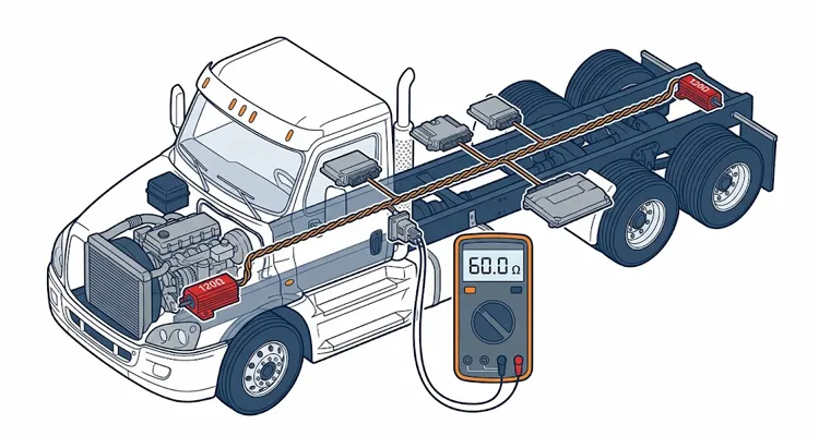 J1939 backbone topology diagram showing two 120 ohm terminating resistors at physical ends and 60 ohm reading at diagnostic connector