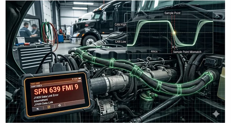 J1939 bit sampling error shown as distorted CAN bus waveform with sample point misalignment on oscilloscope screen in truck diagnostic bay.