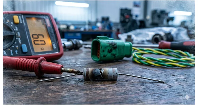 Burned 120-ohm resistor on workbench representing J1939 termination failure and phantom fault costing $4,000 per year.