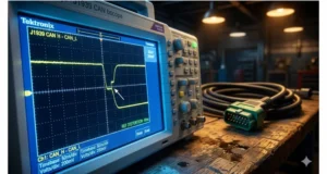 Oscilloscope screen showing J1939 CAN bus waveform with stair-step voltage perturbation indicating reflection distortion.
