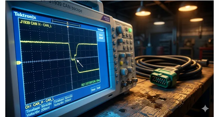 Oscilloscope screen showing J1939 CAN bus waveform with stair-step voltage perturbation indicating reflection distortion.