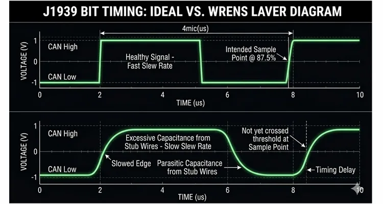 J1939 CAN bus signal degradation caused by excessive bus capacitance showing rounded slew rate and delayed edge detection