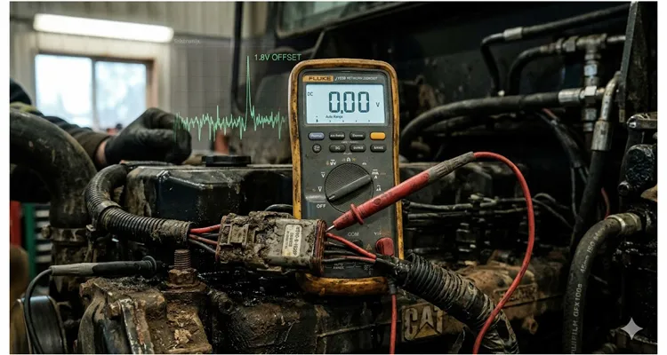 J1939 ground offset diagnosis featured image: multimeter showing zero volts while oscilloscope reveals hidden 1.8V ground offset on heavy machinery CAN bus network
