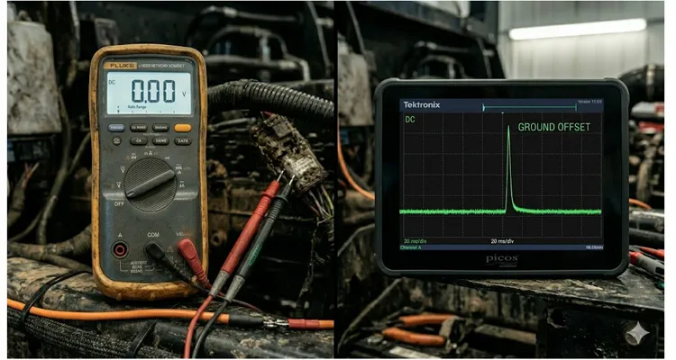 J1939 ground offset diagnosis: Fluke 87V multimeter displaying 0.0V while a Picoscope reveals a hidden 1.8-volt transient ground offset spike on the CAN bus network
