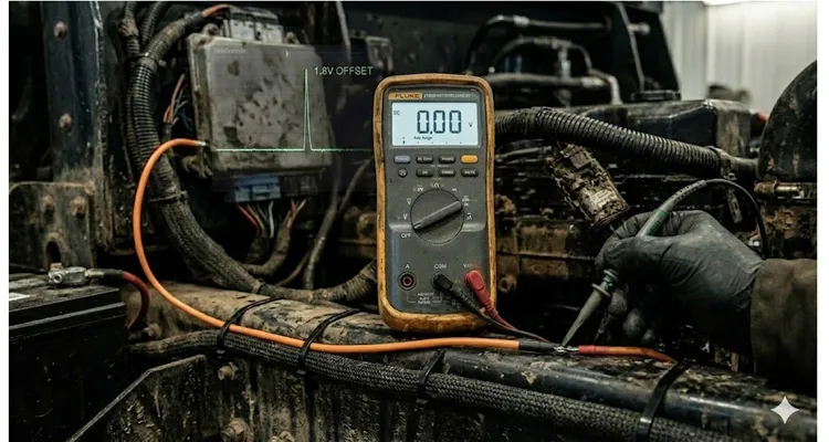 J1939 ground offset diagnosis: Dedicated orange reference wire running from battery negative terminal to ECU breakout point for accurate scope measurement, avoiding chassis ground gradient errors