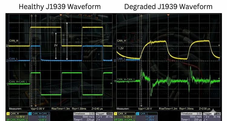 Side-by-side oscilloscope comparison of healthy J1939 CAN bus waveform with clean 2V differential signal versus degraded waveform showing rounded edges and reduced amplitude