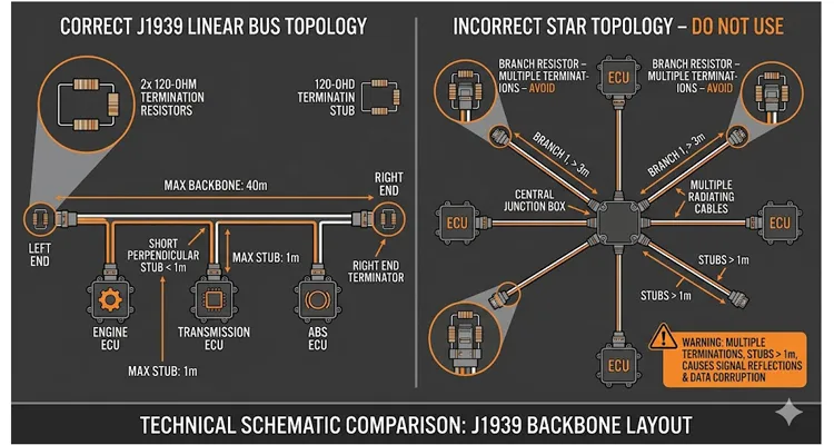 J1939 backbone topology diagram comparing correct linear bus with two terminators versus incorrect star topology causing signal reflections
