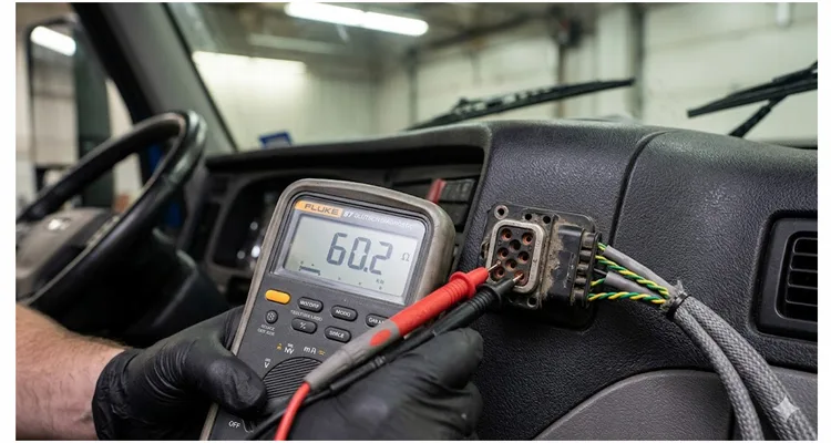 Digital multimeter displaying 60.2 ohms while testing J1939 termination resistance across pins C and D on a 9-pin Deutsch diagnostic connector