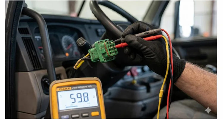 Multimeter probes measuring 59.8 ohms resistance across Pin C and Pin D of a green J1939 Deutsch 9-pin diagnostic connector during a CAN bus physical layer test