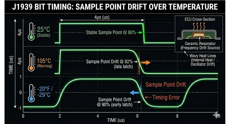 J1939 oscillator temperature drift causing sample point migration from 86% to 82% and 90% in heavy-duty ECU