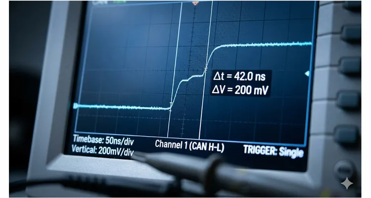 Oscilloscope capture of J1939 CAN bus waveform showing a 42 nanosecond stair-step voltage perturbation caused by signal reflection.