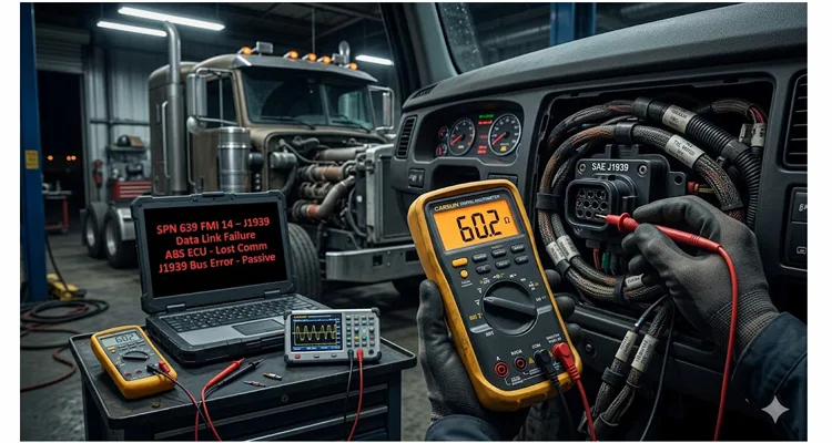Technician measuring 60 ohms resistance on J1939 9-pin diagnostic connector with Fluke multimeter while scan tool shows SPN 639 data link failure code