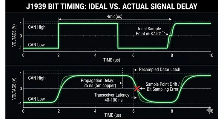 J1939 propagation delay and sample point drift comparison diagram showing ideal bit timing versus actual delayed signal in heavy-duty truck CAN bus