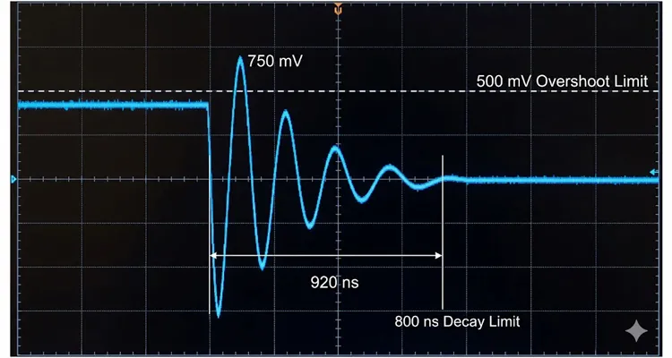 J1939 ringing waveform exceeding 500 mV overshoot and 800 ns decay time, capable of triggering bus-off events through bit misreads