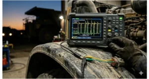 J1939 oscilloscope waveform showing recessive differential voltage offset, edge rate degradation, and ringing on a PicoScope during heavy-duty truck diagnostics