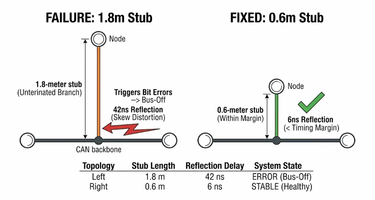 Comparison diagram of J1939 network topology showing a faulty 1.8 meter stub causing 42ns reflection versus a corrected 0.6 meter stub.